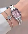 Kadranı Pembe Kordonu Gümüş Renk Kadın Kol Saati ve Bileklik