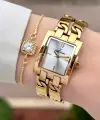 Gold Renk 24 Mm Zincirli Kadın Kol Saati ve Hediye Bileklik