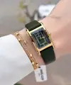 Kasası Gold Kordonu Yeşil Renk Kadın Kol Saati ve Bileklik