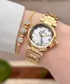 Gold Renk 30 Mm Kristal Cam Kadın Kol Saati ve Hediye Bileklik