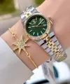 Kadranı Yeşil Kordonu Gold Gümüş Renk Tam Çelik 5 ATM Su Geçirmez Kadın Kol Saati ve Bileklik