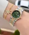 Kadranı Yeşil Kordonu Gold Gümüş Renk Tam Çelik 5 ATM Su Geçirmez Kadın Kol Saati ve Bileklik