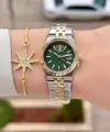 Kadranı Yeşil Kordonu Gold Gümüş Renk Tam Çelik 5 ATM Su Geçirmez Kadın Kol Saati ve Bileklik