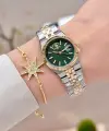 Kadranı Yeşil Kordonu Gold Gümüş Renk Tam Çelik 5 ATM Su Geçirmez Kadın Kol Saati ve Bileklik