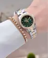 Kadranı Yeşil Kordonu Gold Gümüş Renk Tam Çelik 5 ATM Su Geçirmez Kadın Kol Saati ve Bileklik