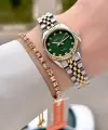 Kadranı Yeşil Kordonu Gold Gümüş Renk 24 Mm Tam Çelik Paslanmaz Kadın Kol Saati ve Bileklik