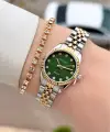Kadranı Yeşil Kordonu Gold Gümüş Renk 24 Mm Tam Çelik Paslanmaz Kadın Kol Saati ve Bileklik