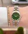 Kadranı Yeşil Kordonu Gold Gümüş Renk 24 Mm Tam Çelik Paslanmaz Kadın Kol Saati ve Bileklik