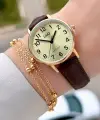 Kasası Gold Kordonu Kahverengi Renk 30,5 Mm Rakamlı Kadın Kol Saati ve Hediye Bileklik