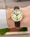 Kasası Gold Kordonu Kahverengi Renk 30,5 Mm Rakamlı Kadın Kol Saati ve Hediye Bileklik