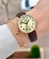 Kasası Gold Kordonu Kahverengi Renk 30,5 Mm Rakamlı Kadın Kol Saati ve Hediye Bileklik