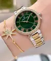 Kadranı Yeşil Kordonu Gold Gümüş Renk 35 mm Kadın Kol Saati ve Hediye Bileklik