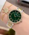 Kadranı Yeşil Kordonu Gold Gümüş Renk 35 mm Kadın Kol Saati ve Hediye Bileklik