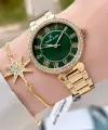Kadranı Yeşil Kordonu Gold Renk 35 mm Kadın Kol Saati ve Hediye Bileklik