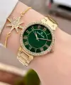 Kadranı Yeşil Kordonu Gold Renk 35 mm Kadın Kol Saati ve Hediye Bileklik