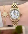 Gold Renk 28 mm Kristal Cam Kadın Kol Saati ve Bileklik