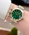 Kadranı Yeşil Kordonu Gold Gümüş Renk 32 mm Kadın Kol Saati ve Hediye Bileklik