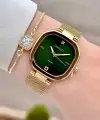 Kadranı Yeşil Kordonu Gold Renk 31 mm Kadın Kol Saati ve Hediye Bileklik