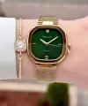 Kadranı Yeşil Kordonu Gold Renk 31 mm Kadın Kol Saati ve Hediye Bileklik