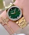 Kadranı Yeşil Kordonu Gold Renk Kadın Kol Saati ve Bileklik