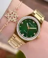 Kadranı Yeşil Kordonu Gold Renk Kadın Kol Saati ve Bileklik