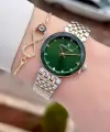 Kadranı Yeşil Kordonu Gold Gümüş Renk 30 mm Hediye Paketli Kadın Kol Saati ve Bileklik
