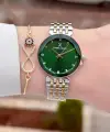 Kadranı Yeşil Kordonu Gold Gümüş Renk 30 mm Hediye Paketli Kadın Kol Saati ve Bileklik