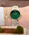 Pırlantalı Kadranı Yeşil Kordonu Gold Gümüş Renk 30 mm Hediye Paketli Kadın Kol Saati ve Bileklik