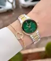 Pırlantalı Kadranı Yeşil Kordonu Gold Gümüş Renk 30 mm Hediye Paketli Kadın Kol Saati ve Bileklik