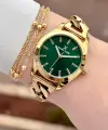 Kadranı Yeşil Kordonu Gold Renk 32 mm Hediye Paketli Kadın Kol Saati ve Bileklik