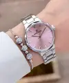 Kadranı Pembe Kordonu Gümüş Renk Hediye Paketli Kadın Kol Saati ve Bileklik