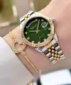 Kadranı Yeşil Kordonu Gold Gümüş Renk Takvimli Kadın Kol Saati ve Bileklik