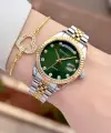 Kadranı Yeşil Kordonu Gold Gümüş Renk Takvimli Kadın Kol Saati ve Bileklik