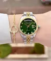 Kadranı Yeşil Kordonu Gold Gümüş Renk Takvimli Kadın Kol Saati ve Bileklik