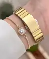 Kadranı Yeşil Kordonu Gold Renk Kadın Kol Saati ve Bileklik