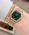 Kadranı Yeşil Kordonu Gold Renk Kadın Kol Saati ve Bileklik