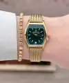 Kadranı Yeşil Kordonu Gold Renk Kadın Kol Saati ve Bileklik