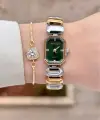 Kadranı Yeşil Kordonu Gold Gümüş Renk Kadın Kol Saati ve Bileklik
