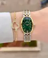 Kadranı Yeşil Kordonu Gold Gümüş Renk Kadın Kol Saati ve Bileklik