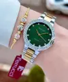 Kadranı Yeşil Kordonu Gold Gümüş Renk Kadın Kol Saati ve Bileklik