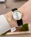 Kasası Gold Kordonu Siyah Renk Hediye Paketli Kadın Kol Saati ve Bileklik