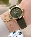 Kasası Gold Kordonu Yeşil Renk Hediye Paketli Kadın Kol Saati ve Bileklik