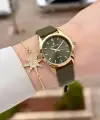 Kasası Gold Kordonu Yeşil Renk Hediye Paketli Kadın Kol Saati ve Bileklik
