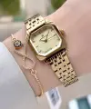 Kadranı Sarı Kordonu Gold Renk Hediye Paketli 23 Mm Kare Kadın Kol Saati ve Bileklik