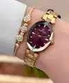 Kadranı Bordo Kordonu Gold Renk 22 mm Kadın Kol Saati ve Bileklik