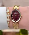 Kadranı Bordo Kordonu Gold Renk 22 mm Kadın Kol Saati ve Bileklik