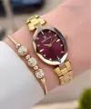 Kadranı Bordo Kordonu Gold Renk 22 mm Kadın Kol Saati ve Bileklik