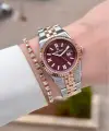 Kadranı Bordo Kordonu Rose Gümüş Renk 30 mm Kadın Kol Saati ve Bileklik