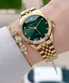 Kadranı Yeşil Kordonu Gold Renk Kadın Kol Saati ve Bileklik