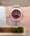 Kadranı Bordo Kordonu Rose Gümüş Renk 28 Mm Kadın Kol Saati ve Bileklik